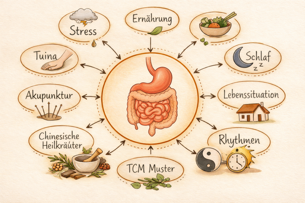 Schema TCM Ernährung Schematische Darstellung der TCM Behandlung von chronischen Verdauungsbeschwerden: Stress, Schlaf, Ernährung, Lebenssituation, Rhythmen, TCM Muster, Chinesische Heilkräuter, Tuina